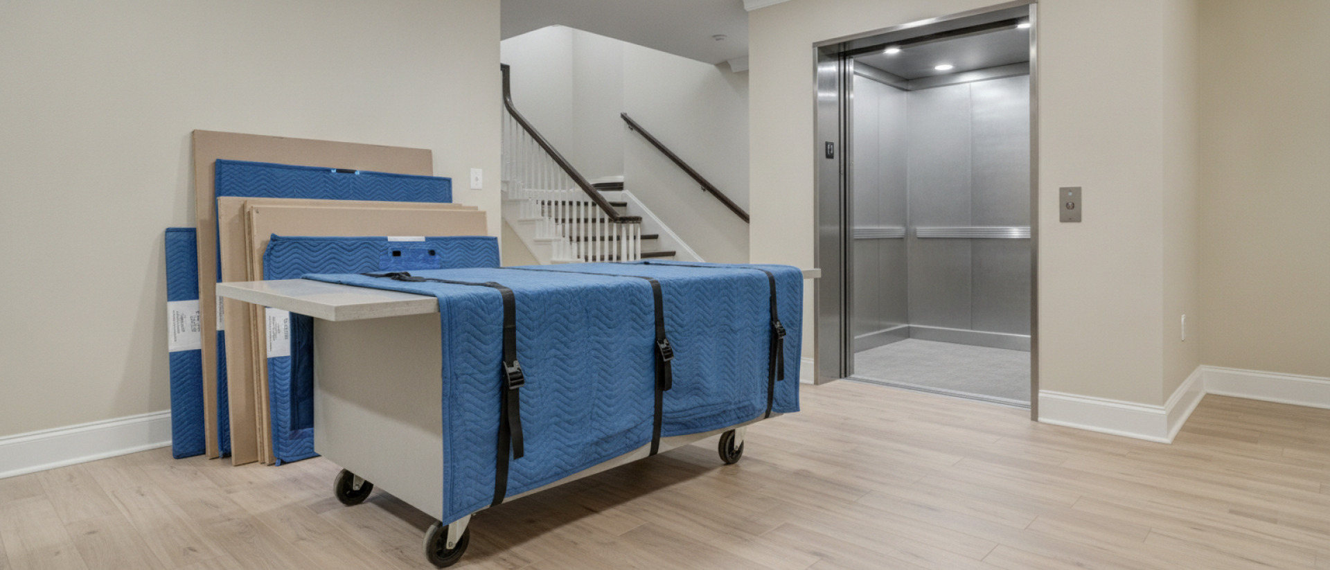 Keukenonderdelen veilig vervoeren door lift, hal en trappenhuis