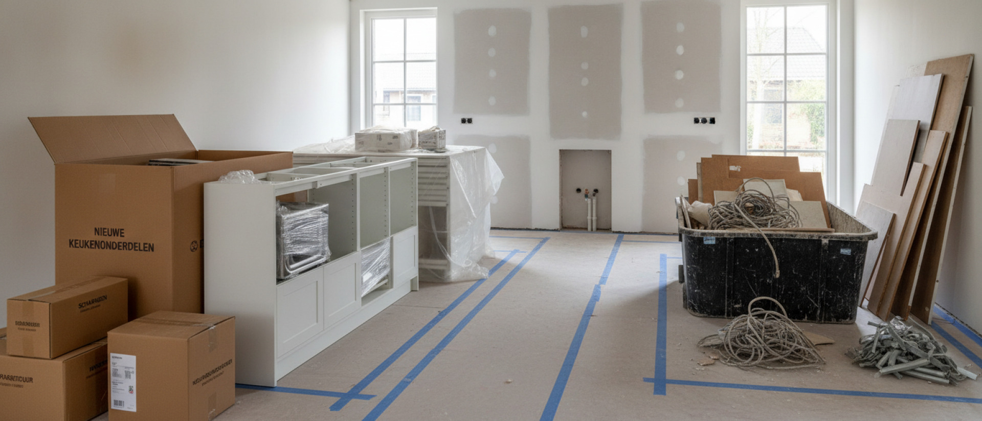 Afvoer van sloopmateriaal wordt gescheiden van nieuwe keukenonderdelen om beschadiging te voorkomen.