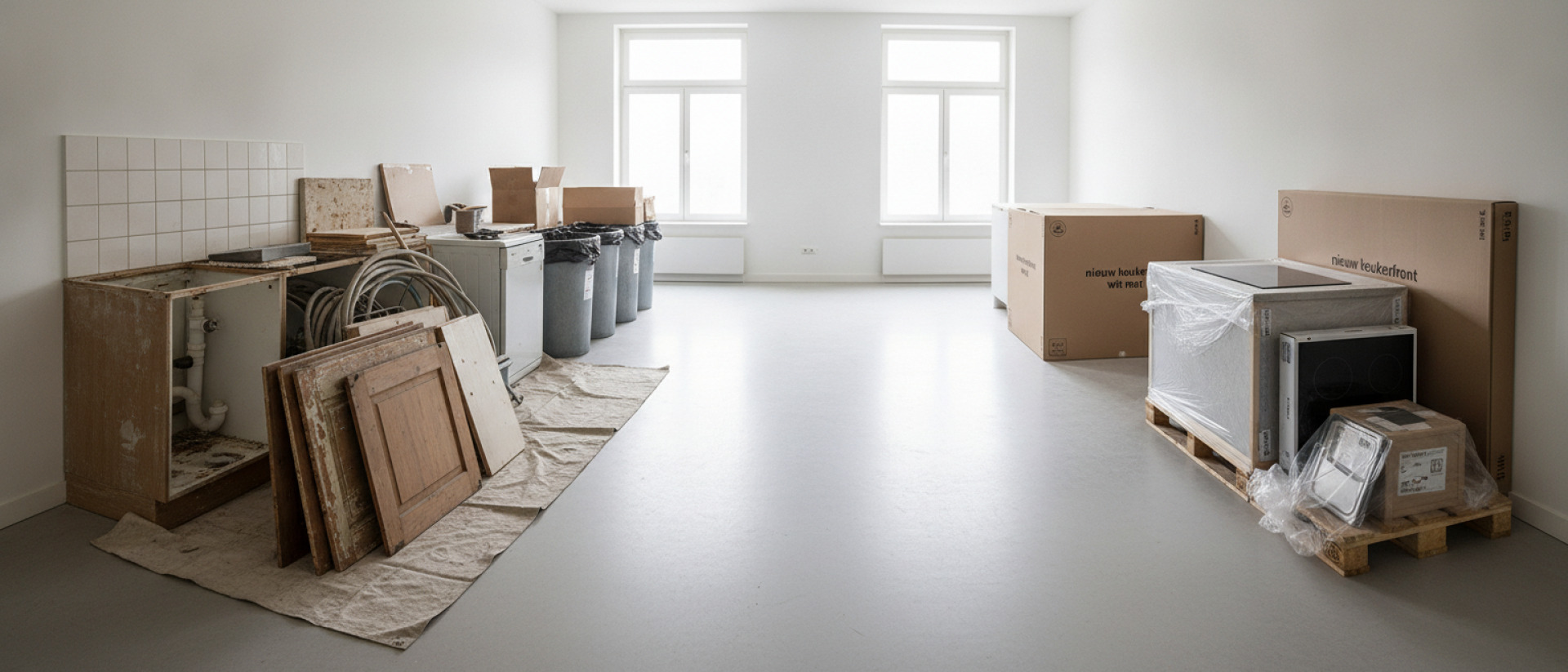 Afvoer van sloopmateriaal en nieuwe keukenonderdelen strikt gescheiden