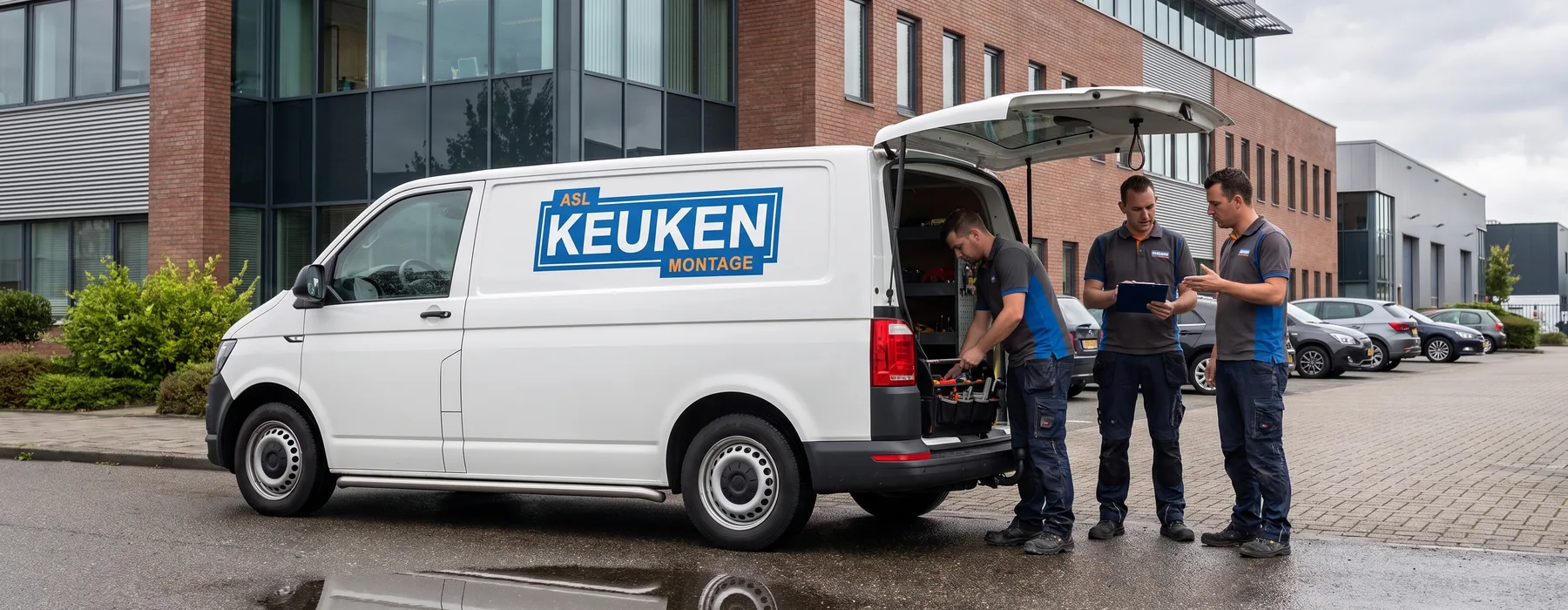 asl keuken montage busje medewerkers een wit busje met het logo van asl keuken montage