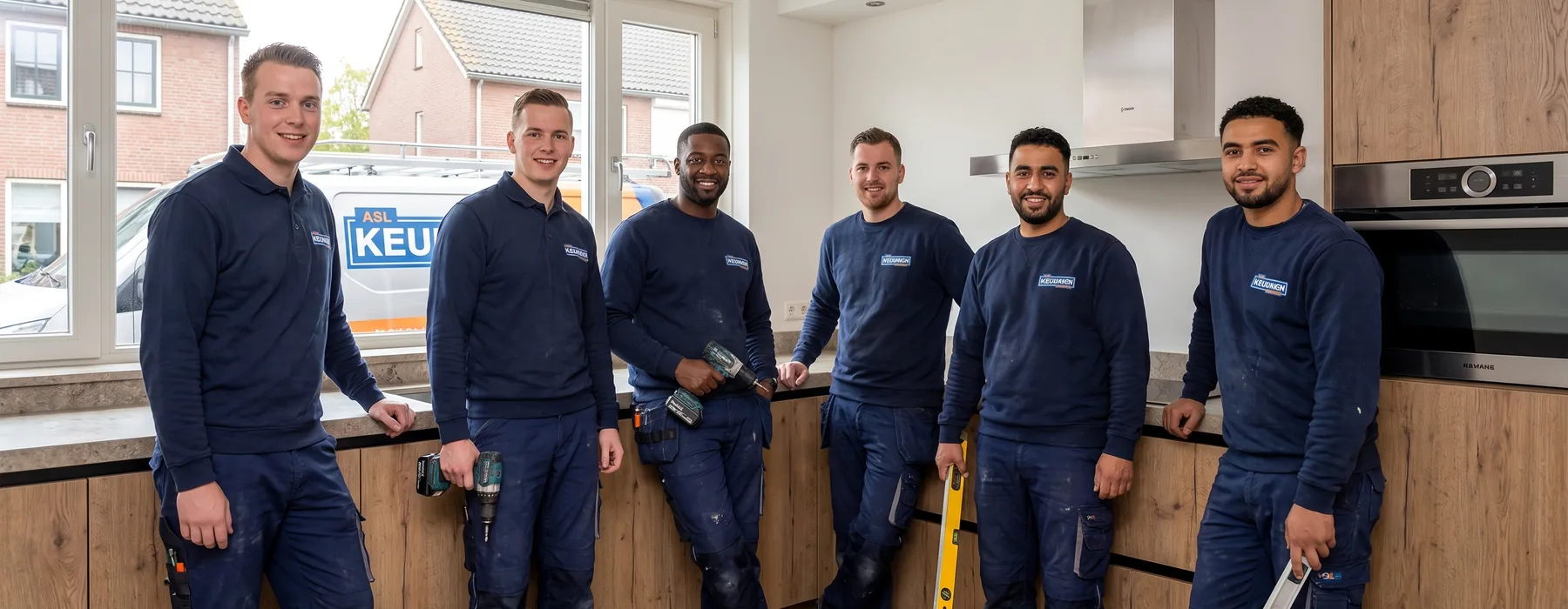 asl keuken montage teamfoto keuken zes mannen in blauwe werkkleding staan in een keuke