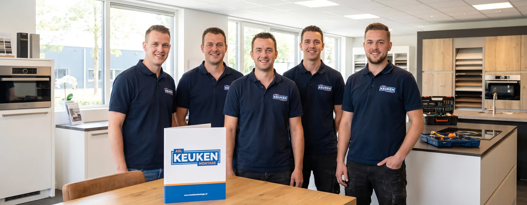 asl keuken montage teamfoto showroom op de foto zijn vijf mannen te zien in een keuken