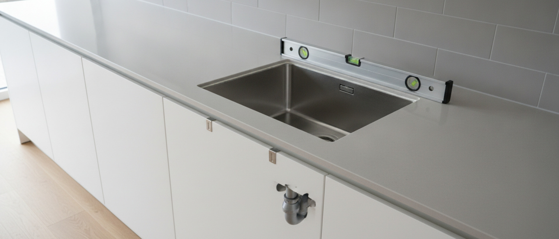 De spoelbak moet stabiel liggen voordat kraan en afvoer definitief worden aangesloten.
