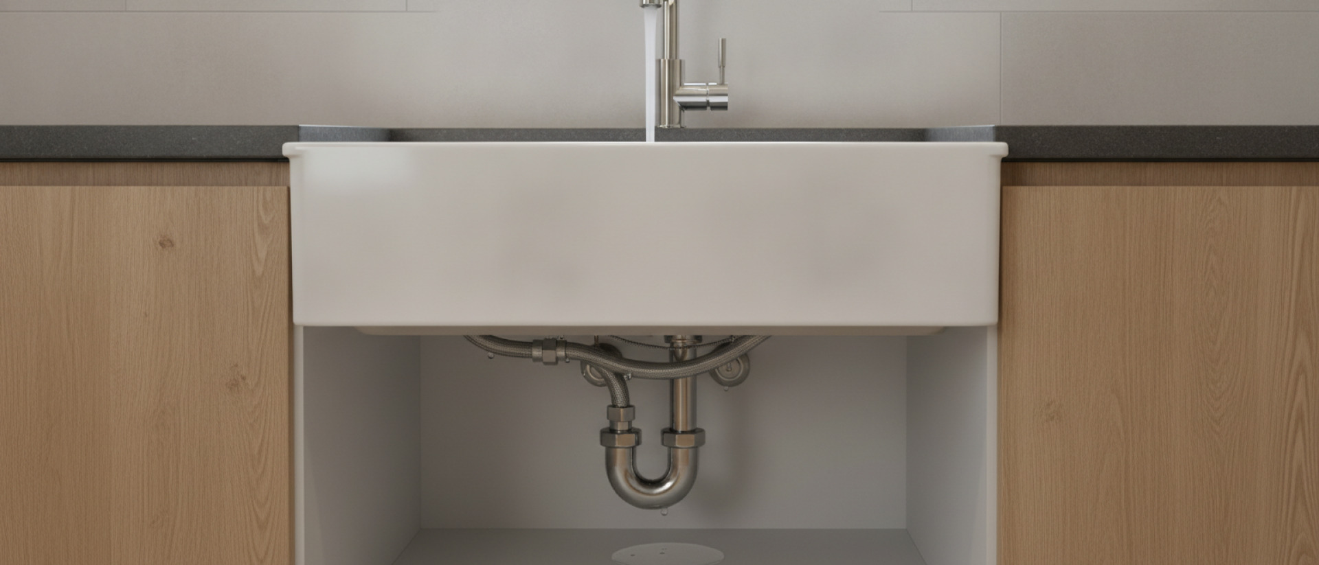 De watertest na montage controleert zowel kraanverbindingen als afvoer onder de spoelbak.