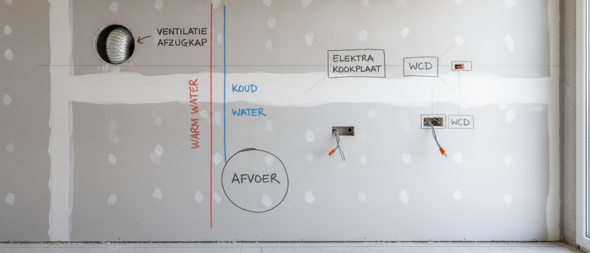 Een maatvaste schets maakt duidelijk waar water, afvoer, elektra en ventilatie samenkomen.